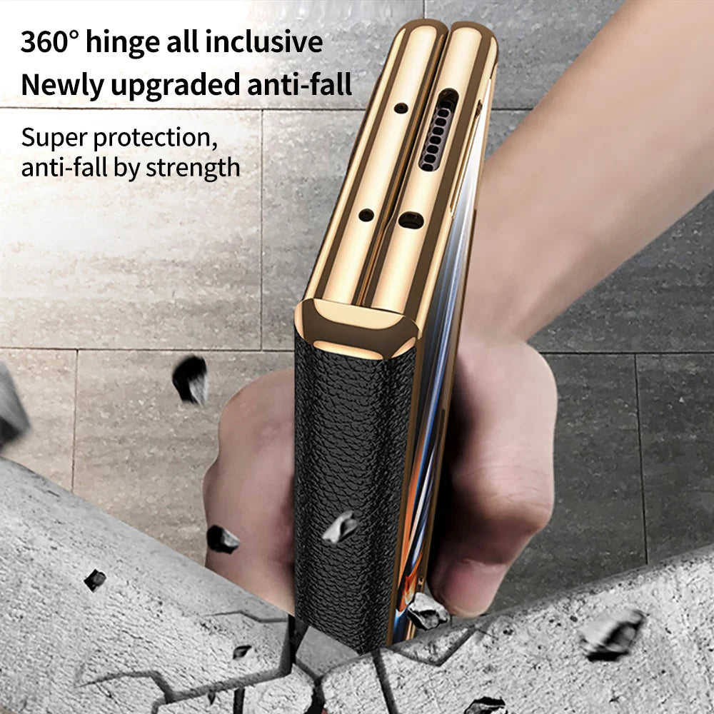 Leather Phone Case for Samsung Galaxy Z Fold 7 6 5 4 3 Fold6 Fold7 Gold Plating Magnetic Hinge Stand Back Cover with Mirror Film