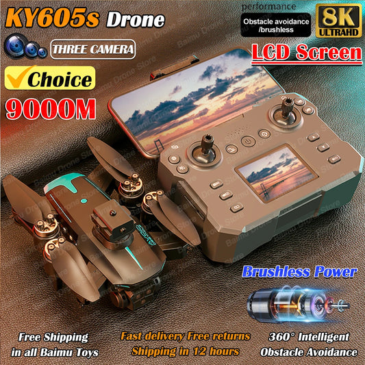 New KY605S Screen Controlled Drone 8K Three HD Camera Brushless Motor Obstacle Avoidance Foldable Quadcopter Dron RC Toys Gifts