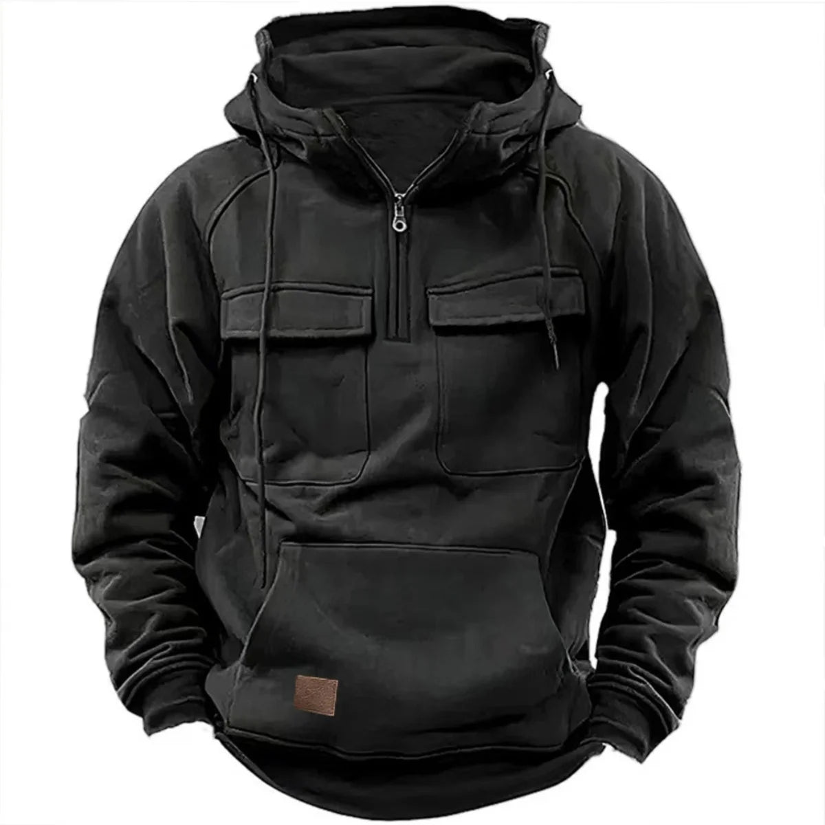 Fashionable Youth Men's Hoodie Solid Color Casual Autumn/Winter Pullover with Multi Pockets Patch Design