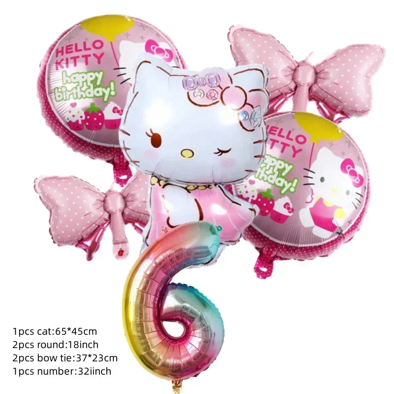Cute Cartoon Kitty Cat Balloons Set First 5th 6th Birthday Decoration Baby Shower Globos Hello Cake Topper Backdrop Candy Box