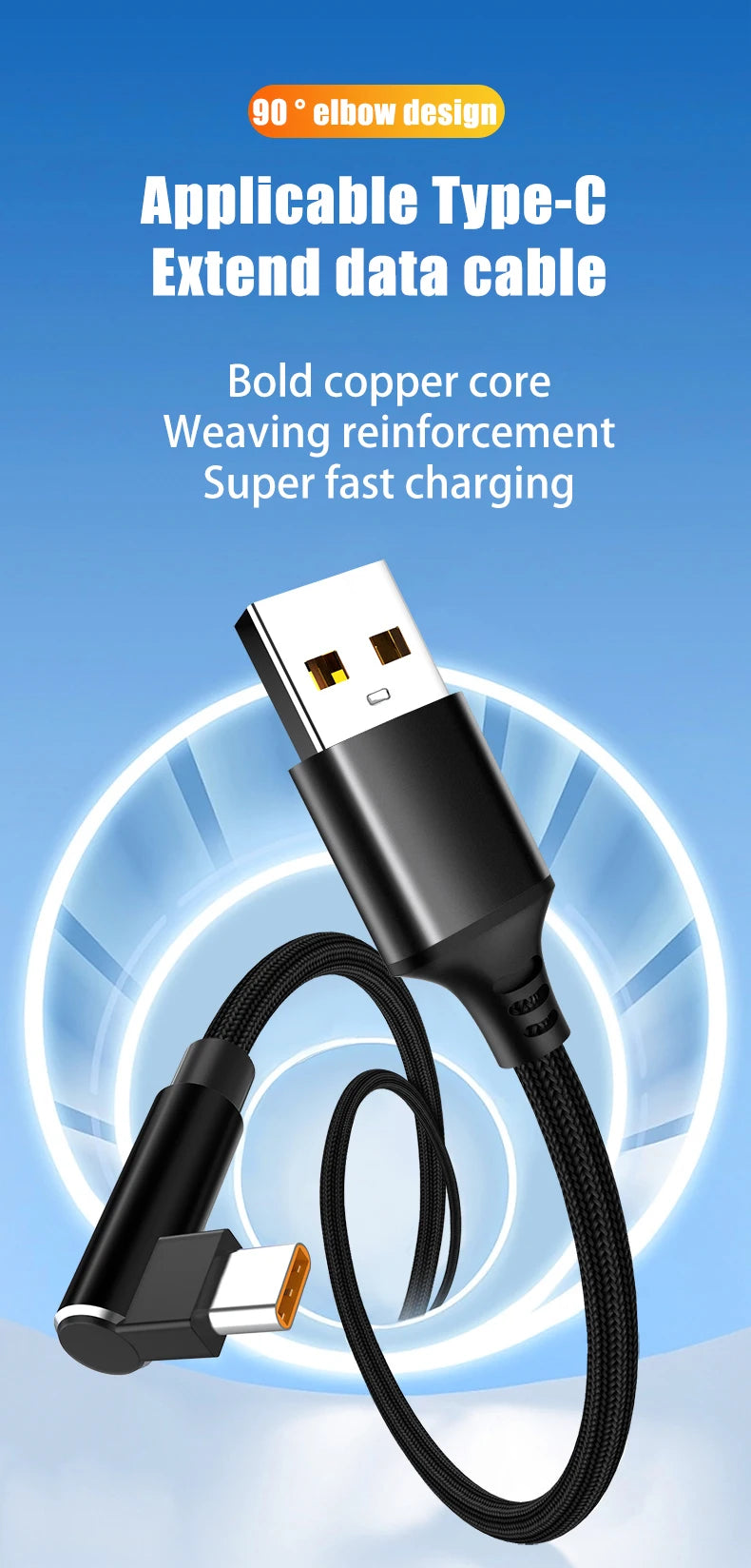 Elbow USB C 6A Fast Charging Expand 3m 5-meter Type C Data Cable for Huawei,Xiaomi,Samsung,Google,Apple MACBOOK iPad Air Game