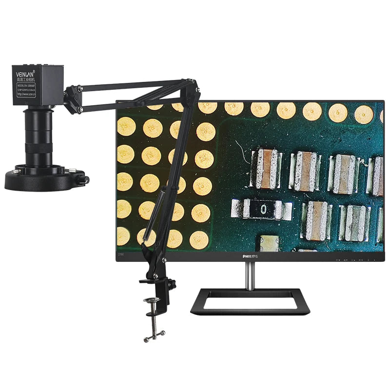 Video microscope, with magnification ranging from 1 to 150 times. Vga HDMI camera. Inspection of soldering and printing.