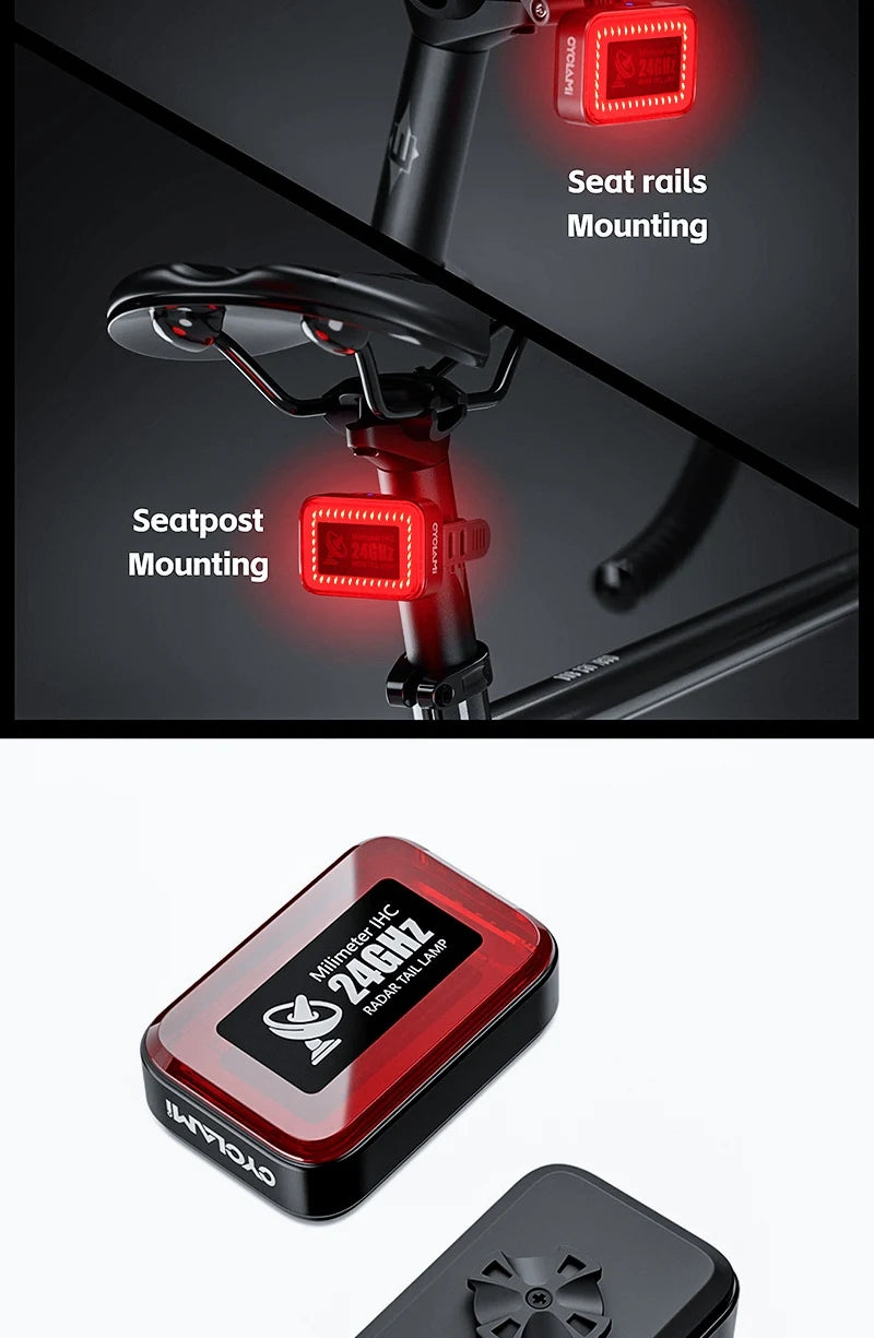 CYCLAMI Bicycle Intelligent Radar Taillight Bike Smart Brake Sensing Rear Lamp with Beeper Alarm Cycling Safety Tail Light RT02