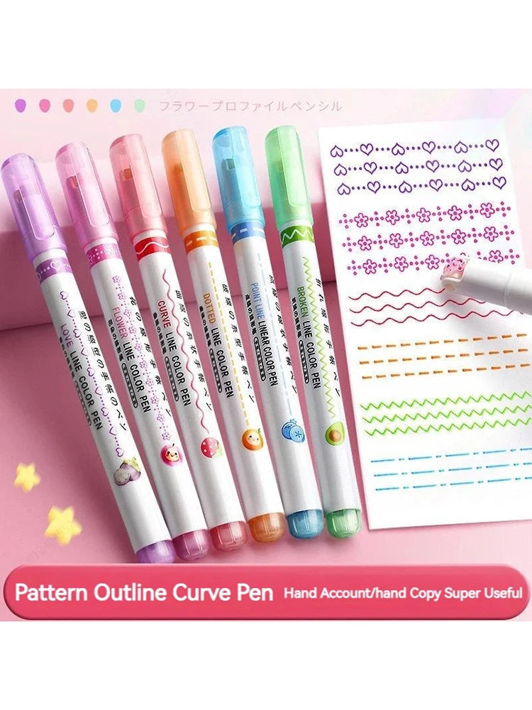 6Pcs/Set Flower Line Shape Highlighter Pen Roller Tip Curve Liner Marker Kawaii Korean Stationery School Office Supplies Gifts