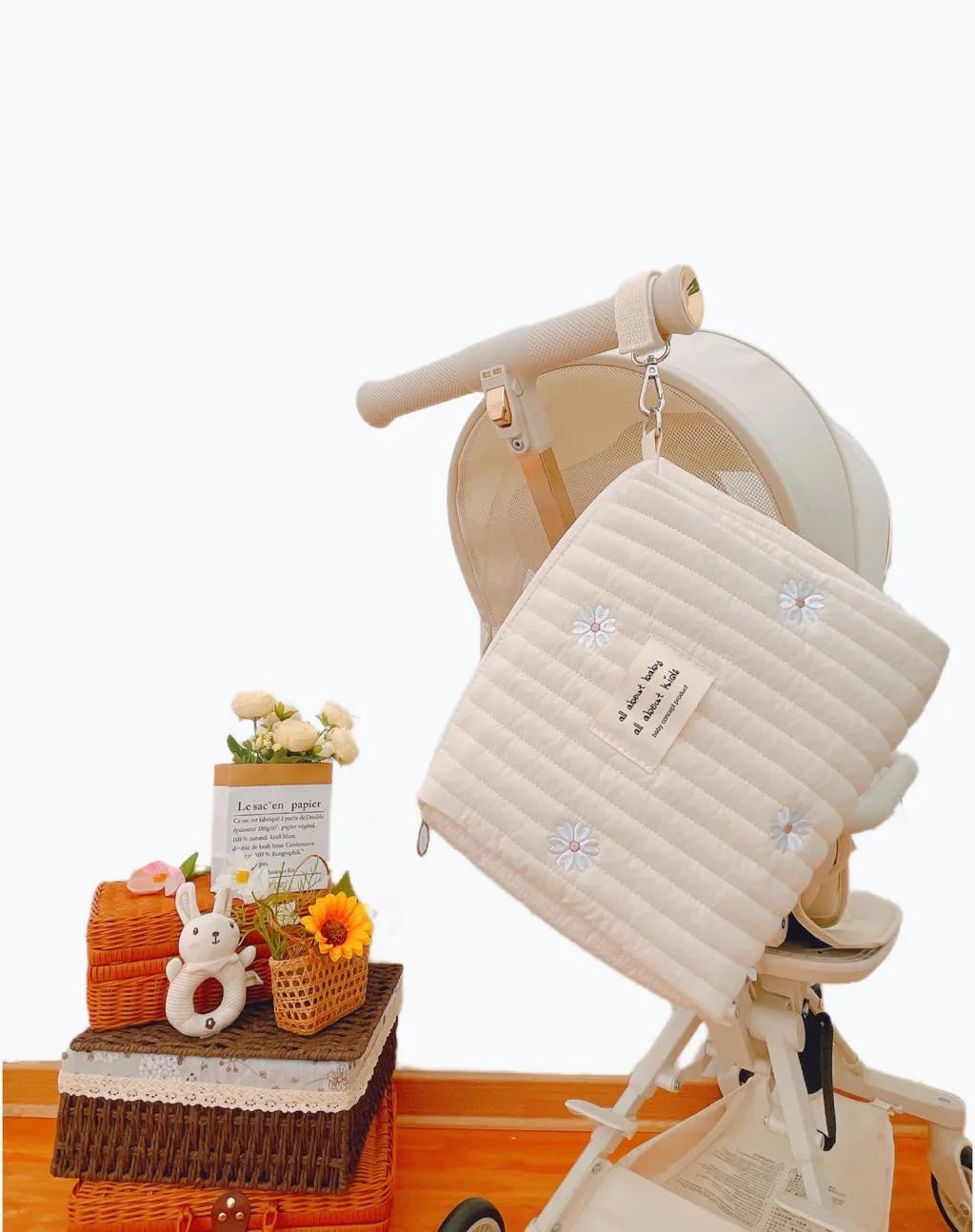 Cute printed embroidered mommy bag zipper single button newborn baby diaper storage bag travel cart storage bag