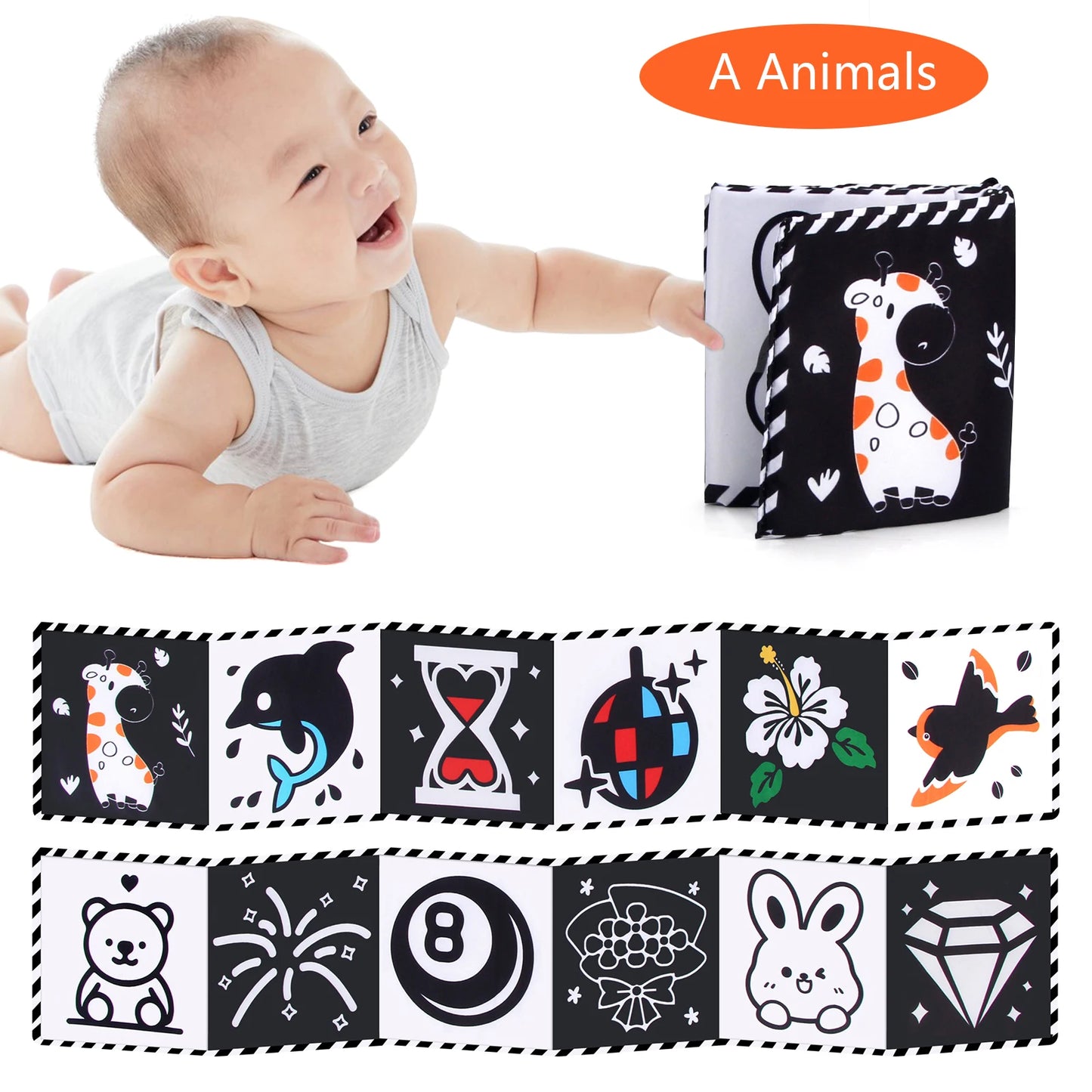 Baby Cloth Book High Contrast Baby Toys 0-36 Months Newborn Crib Toys Black and White Animal Sensory Cloth Books Montessori Toys