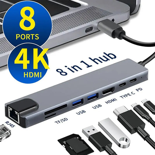 USB C Hub 8 in 1 Type C 3.1 To 4K HDMI Adapter with RJ45 SD/TF Card Reader PD Fast Charge Docking Station Hub for Phone Computer