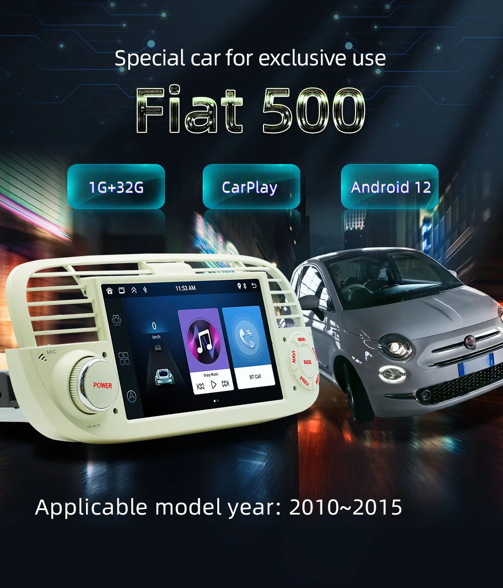 BQCC 1 Din 7" Octa core Android 13 Car PLayer Mirrorink GPS WIFI DSP 32EQ RDS FM APP Control Car Stereo For Fiat 500 2007-2015