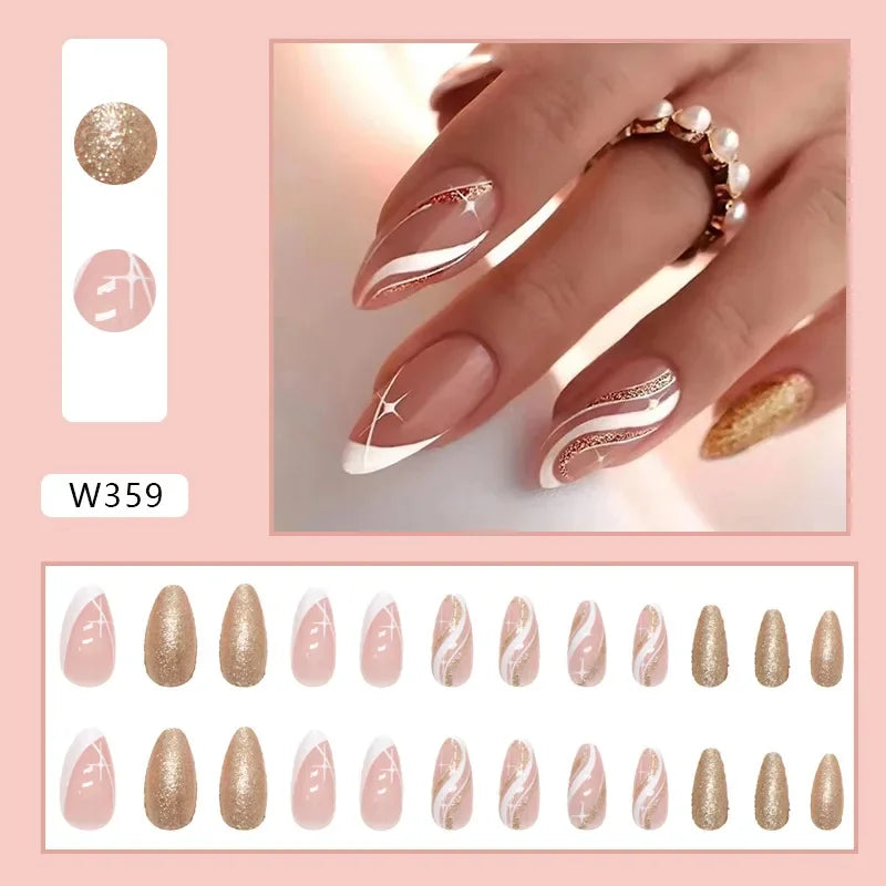Gold Pink Wine Red 24 Pcs Fake Nail with Jelly sticker Press on False Nails Wearable Round Head Oval Full Cover Nail Tips