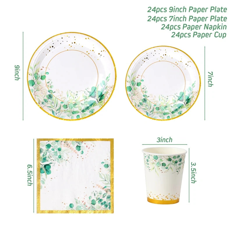 Sage Green Disposable Tableware Tropic Greenery  Party Paper Plates Cup Supply Wedding Birthday Jungle Safari Theme Party Decor