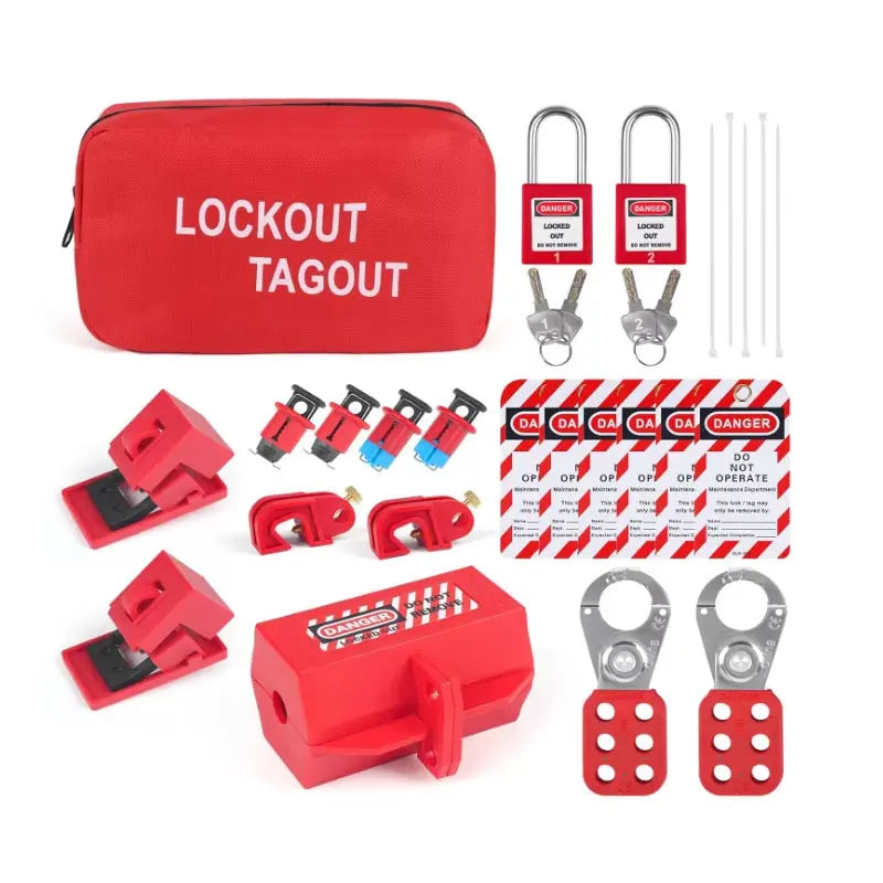 Red Electrical Lockout Tagout LOTO Kit with Pocket Bag Includes Safety Hasp Warning Tags Circuit Breaker Locks Nylon Ties