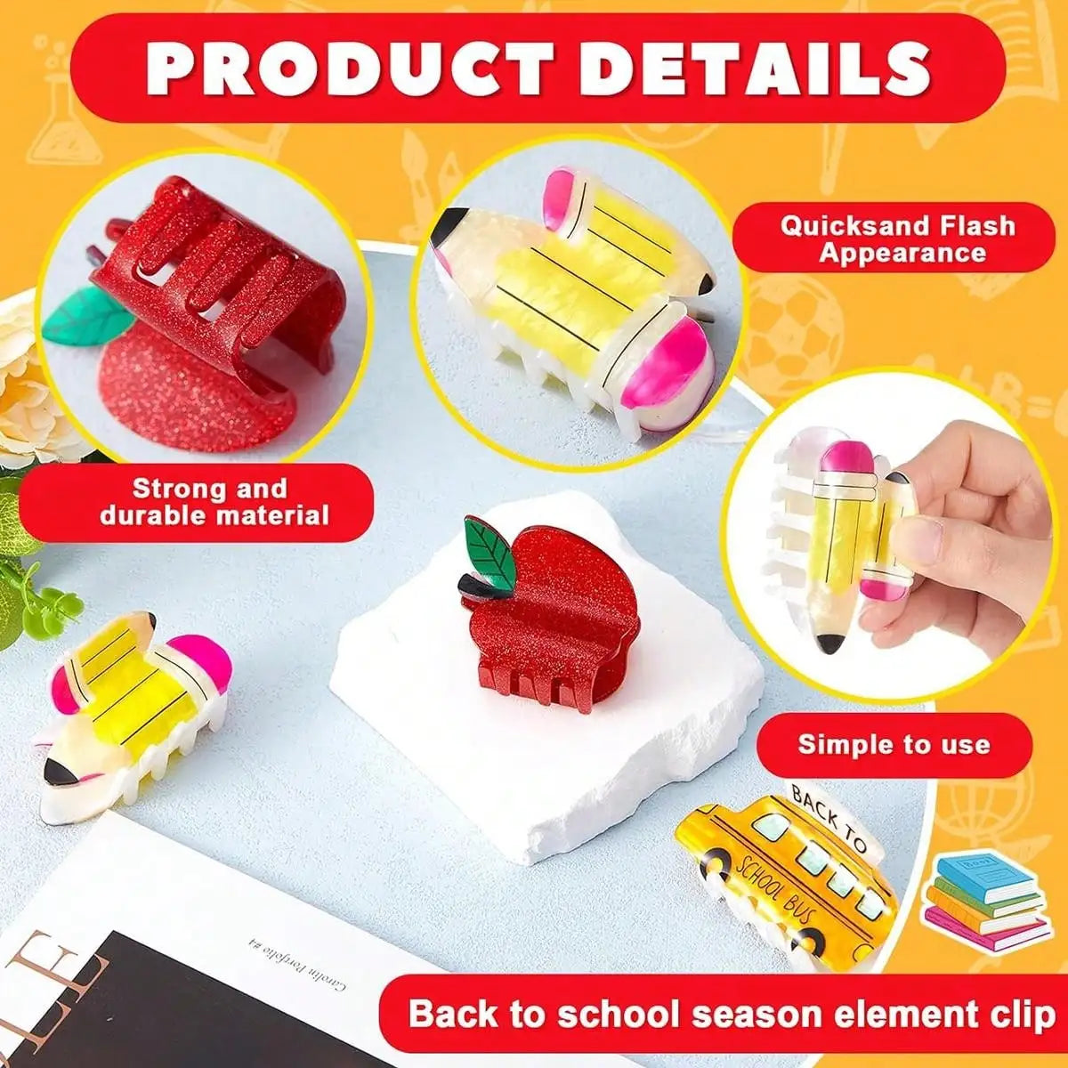 1pc Cartoon Cute Acrylic Cartoon Back to School School Bus, Pencil, Apple, and Calculator Style Hair Clip, Acrylic Hair Claw