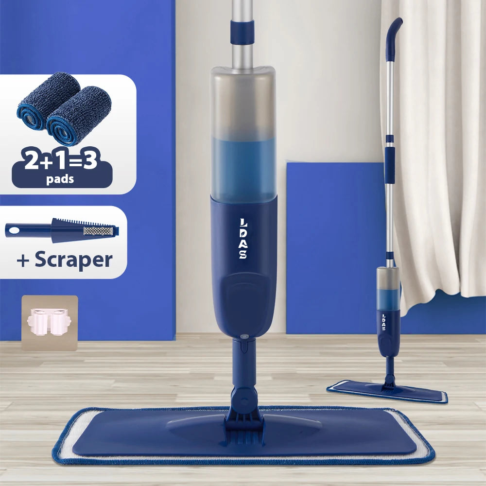 DARIS Spray Mop, 500ml Bottle, 3 Microfiber Mop Pads, Scraper, Mop Clip, Wet and Dry Use, Flat Floor Cleaning Mop