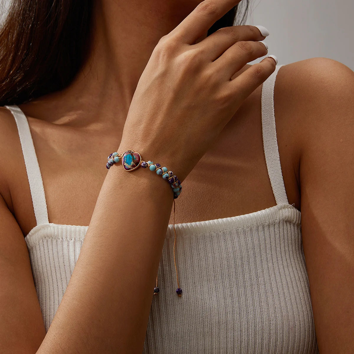 Handmade Natural Stone Bracelet Women Fashion Heart Purple Agates Beads Charm Braided Bracelets Boho Yoga Wrap Bangles Jewelry