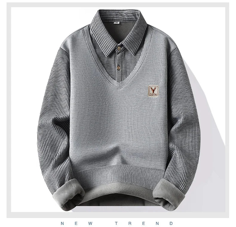 Male Fleece Polo Shirt Men's Pullover Autumn Winter T-shirt Collar Sweaters Cold Blouse Navy Blue Khaki Korean Clothing