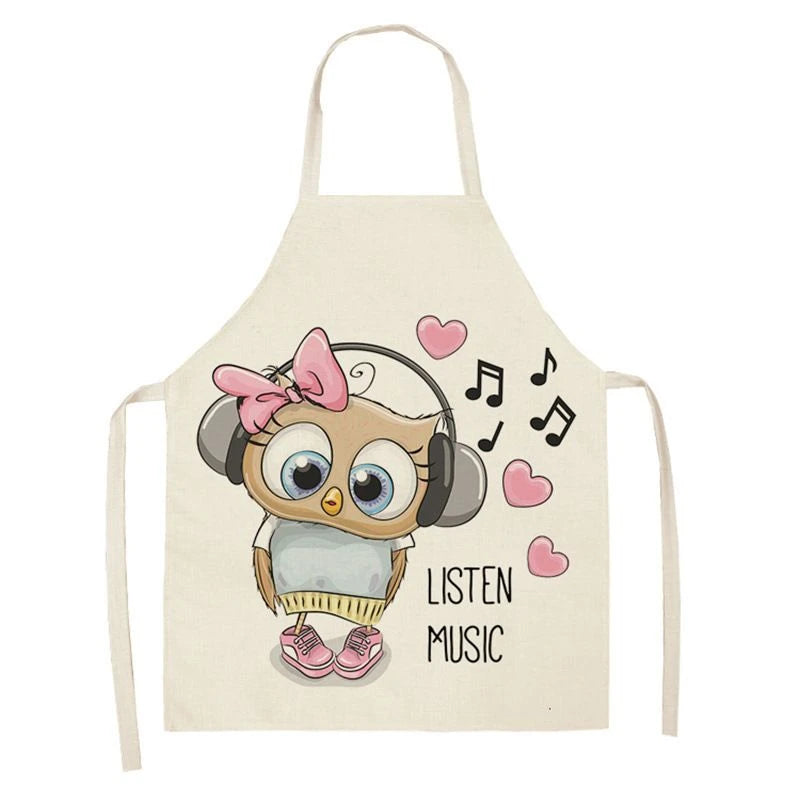 Owl Sleeveless Chef Apron Linen Floral Print Kitchen Decoration Apron Women'S Home Cooking Baked Waist Bib