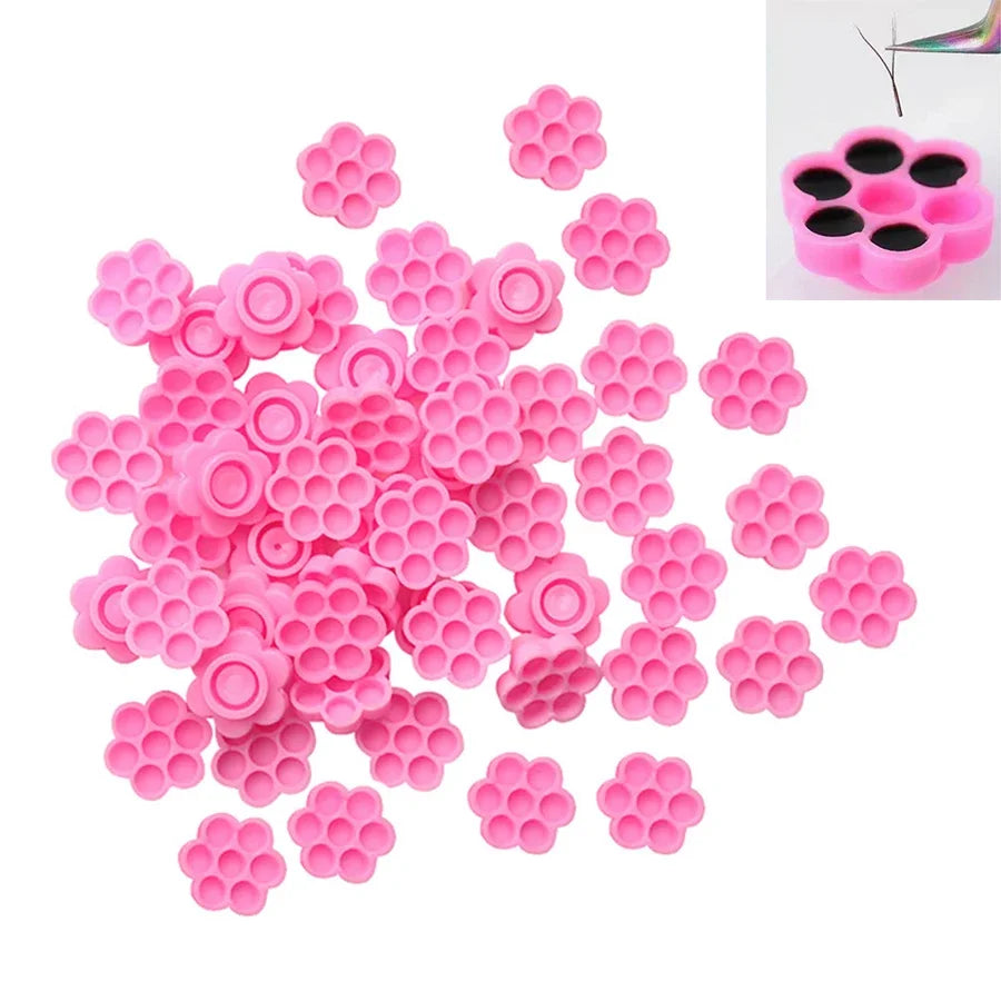 100pcs Eyelash Extension Pink Flower Glue Delay Cup Tattoo Adhesive Pigment Holders Grafting Eye lashes Holding Trays Tools