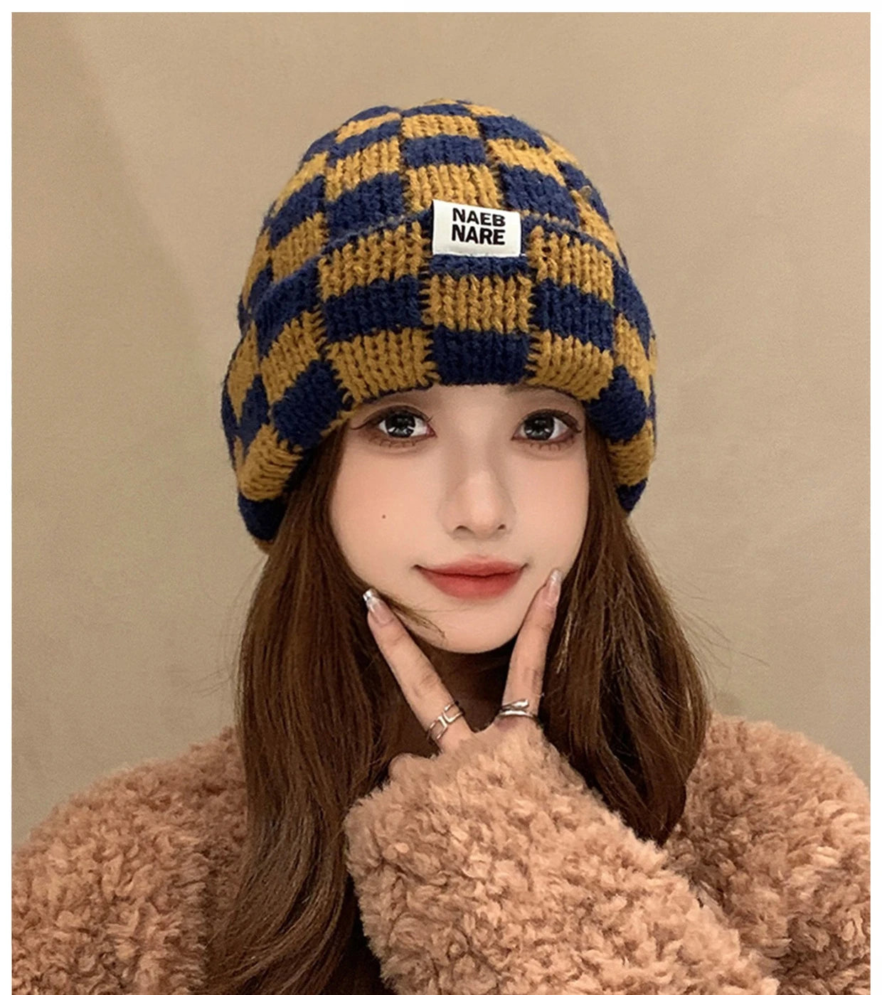 Luxury Brand Chessboard Plaid Knitted Hat Women Winter New Big Size Hat Warm Beanies Skullies Green Red Xmas Christmas Hat