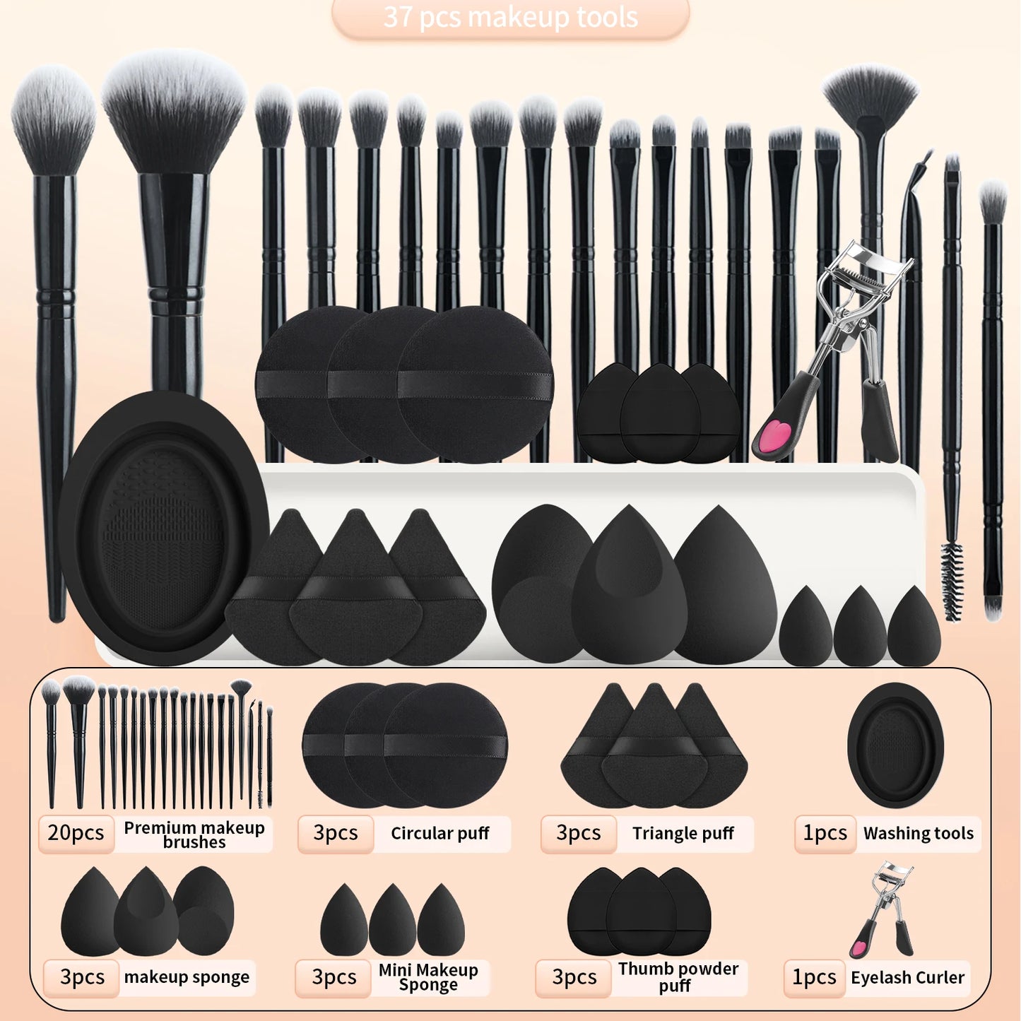 20 makeup brushes+3 round powder puffs+3 triangular powder puffs+3 beauty eggs+3 finger powder puffs+3 mini beauty eggs+1 washin