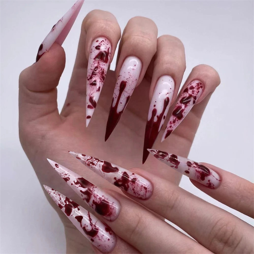 24pcs Glitter Pink Sequins Fake Nails 2025 Halloween Scary Skull Love Print False Nails Wearable European Ballet Press on Nails