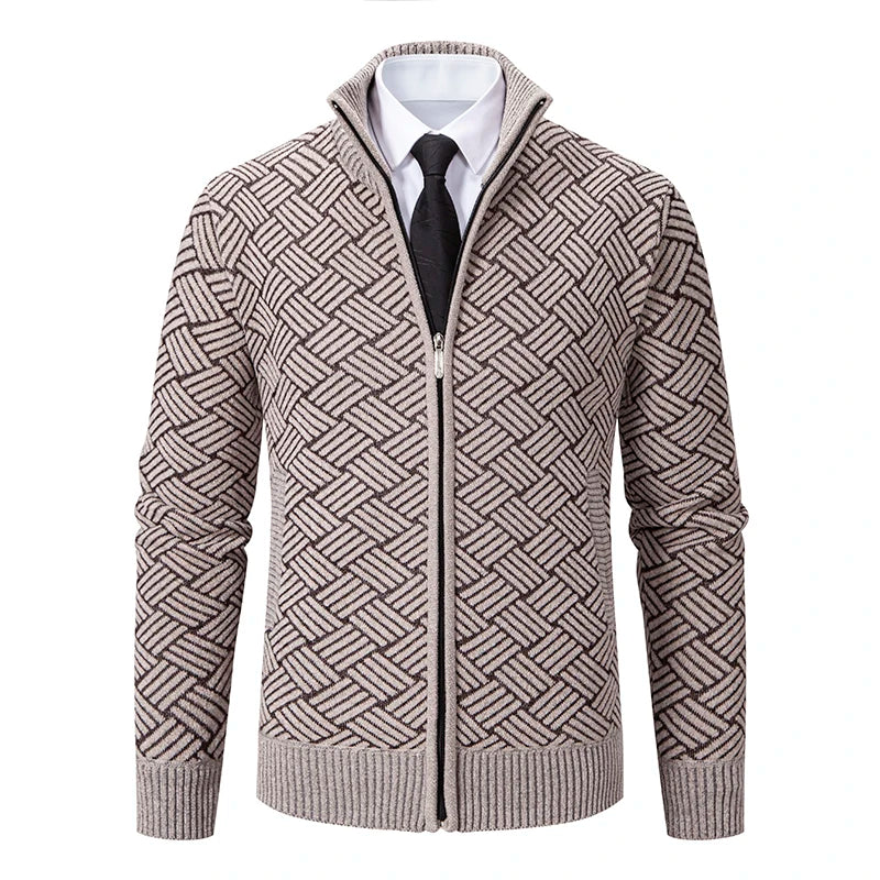 Mens Windproof Jacket Full Zip Fleeced Sweater Cardigan Contrast Stand Collar Sweaters Coat Autumn Winter Velvet Clothes