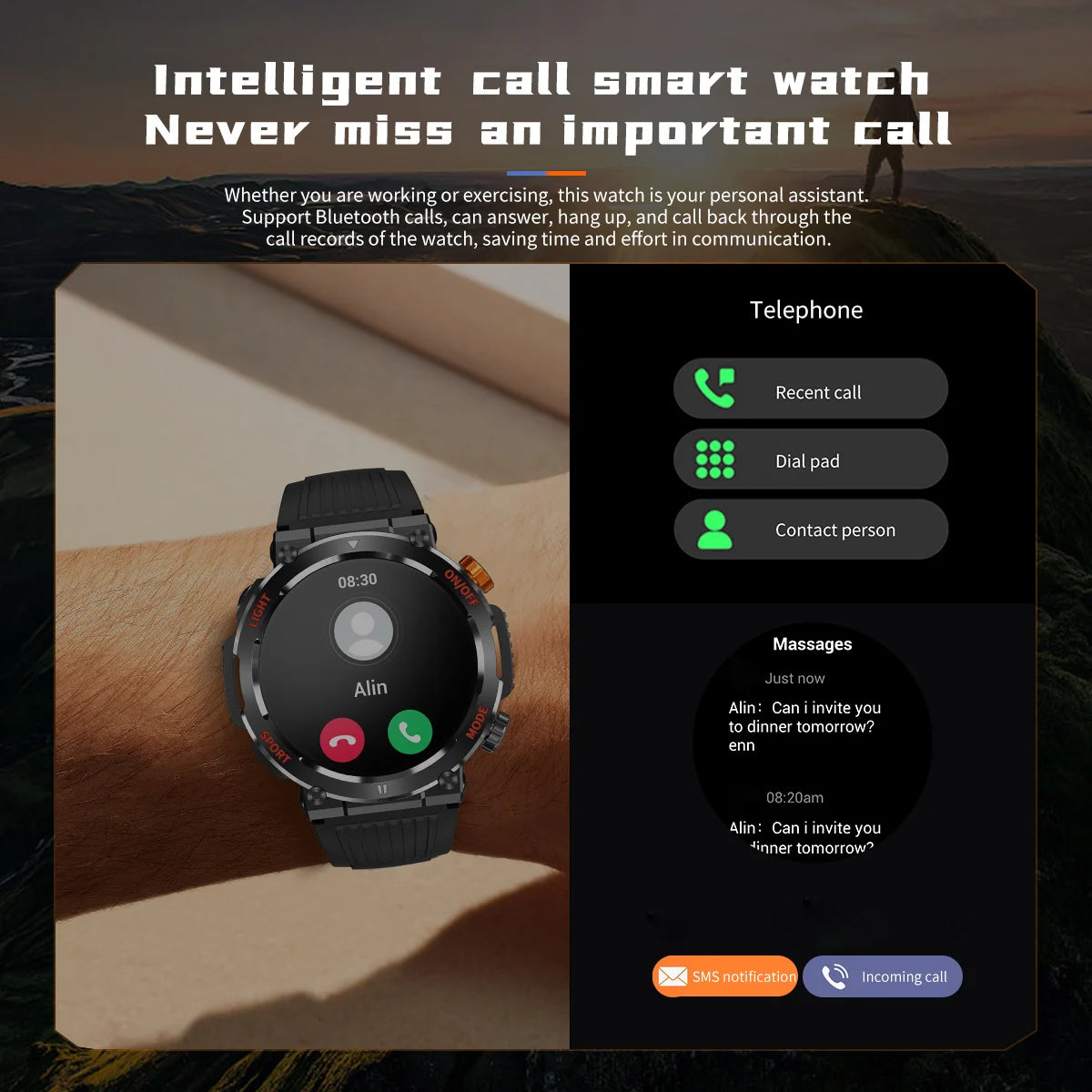 Smart Watch (Answer/Dial) With Compass LED Flashlight, IP67 Waterproof Fitness Sports Tracker With Pedometer For Android IOS