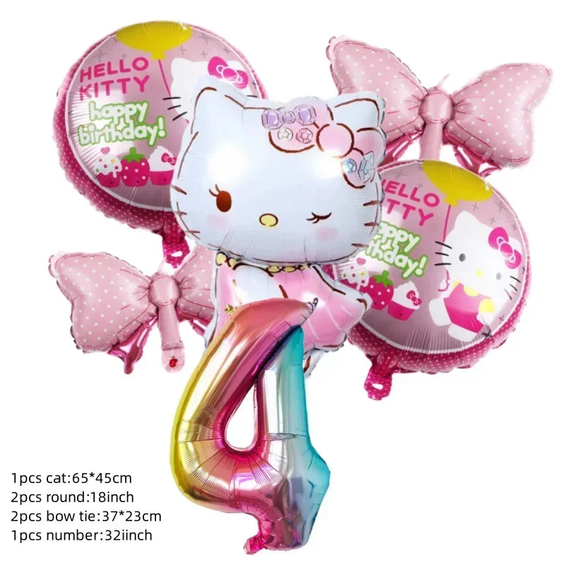 Cute Cartoon Kitty Cat Balloons Set First 5th 6th Birthday Decoration Baby Shower Globos Hello Cake Topper Backdrop Candy Box