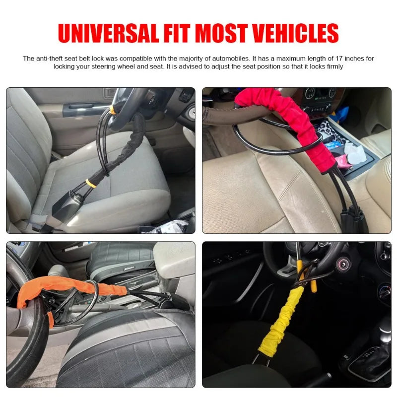 Car Steering Wheel Lock With Seat Belt Socket Steel Rope For Truck SUV Van RV With 3 Keys Universal Anti Theft Protection Device