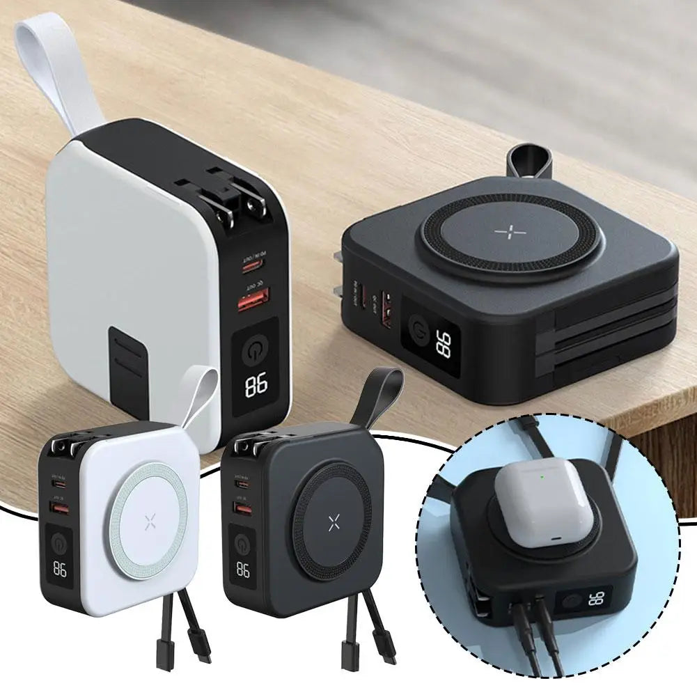 10000mAh Magnetic Wireless Power Bank 22.5W Fast Charging AC Wall Plug 5 in 1 Portable Charger Multifunctional Phone Stand