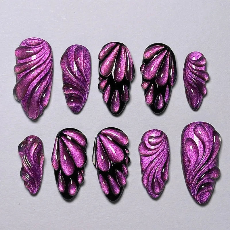 24PCS Droplet Mysterious Purple Cat Eye Press On Nail Full Cover Detachable Press On Nail Spice Girl Wearable Almond False Nail