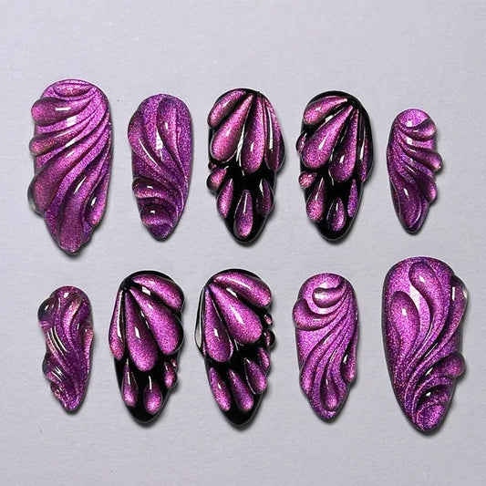 24PCS Droplet Mysterious Purple Cat Eye Press On Nail Full Cover Detachable Press On Nail Spice Girl Wearable Almond False Nail