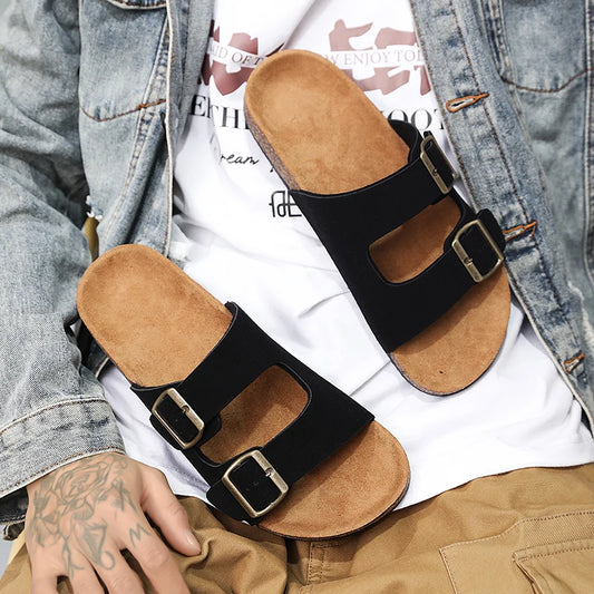【Retro double button + cork foot feeling】Couple casual slippers for summer wear, anti-slip comfortable sandals