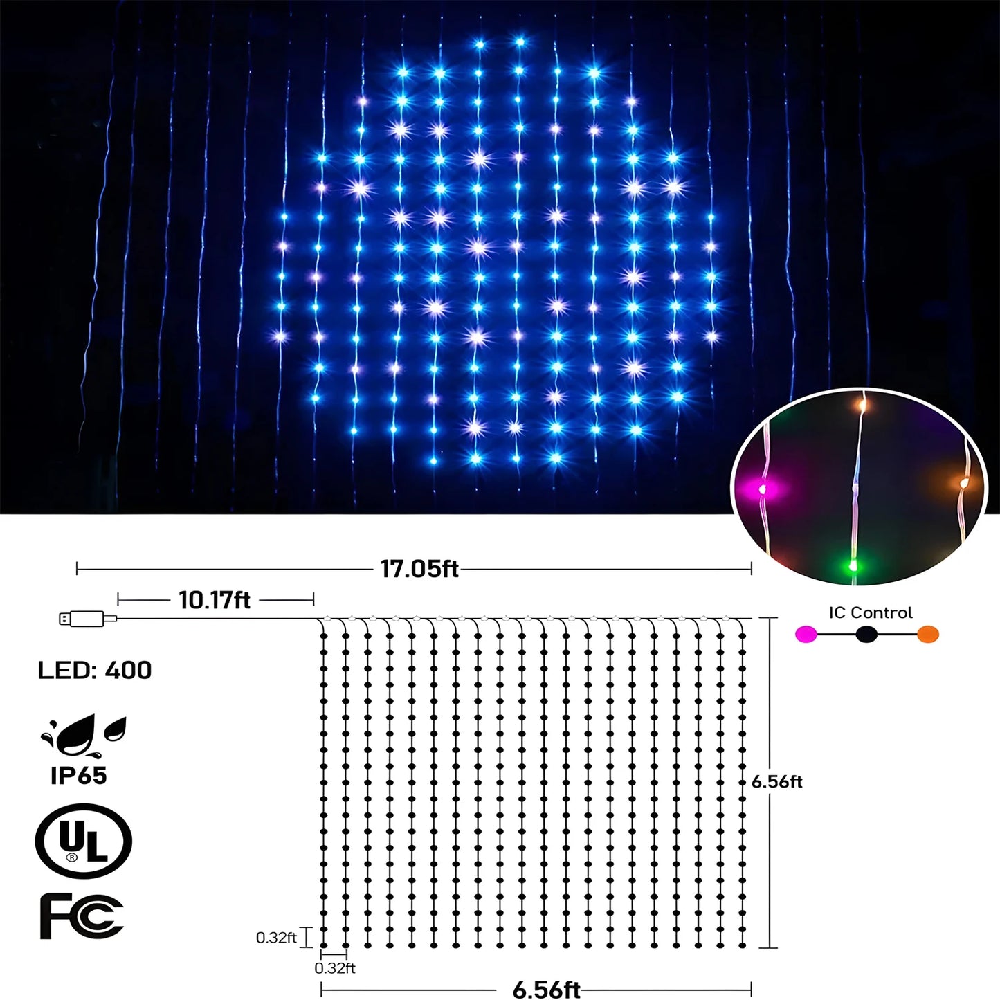 6.6x6.6FT Smart Curtain Lights 400LEDs Music Sync Dynamic DIY Dimmable USB Curtain Fairy String Lights Christmas Holiday Decor
