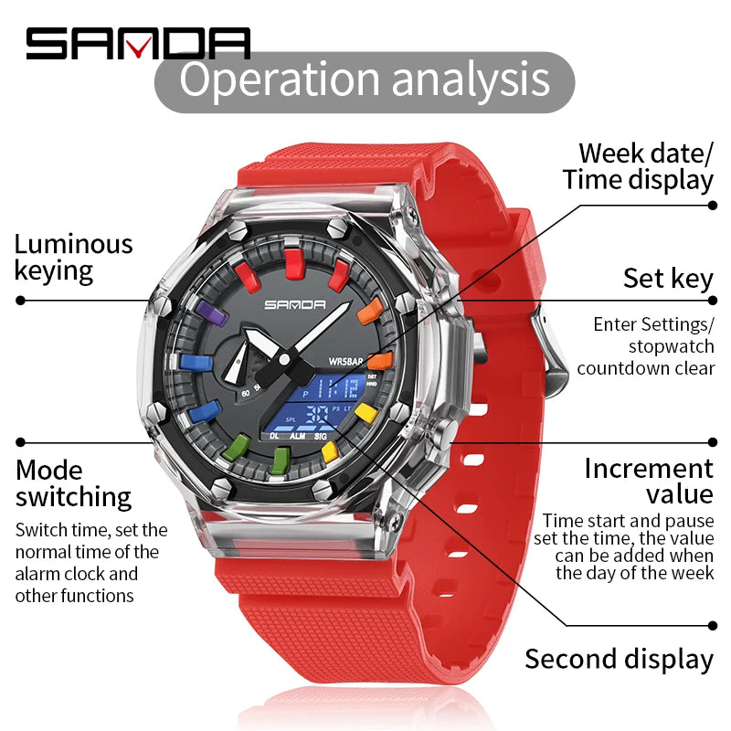 SANDA G Style Men Quartz Watch Countdown Stopwatch LED Electronic Outdoor Military Alarm Waterproof Shock Digital Wristwatch