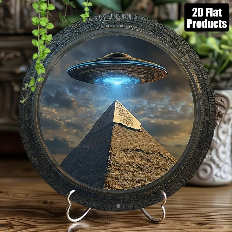 Pyramid UFO Theme Round Aluminum Metal Decorative Plaque Sign,Suitable for Bar Kitchen Cafe Home Office Decoration, Holiday Gift