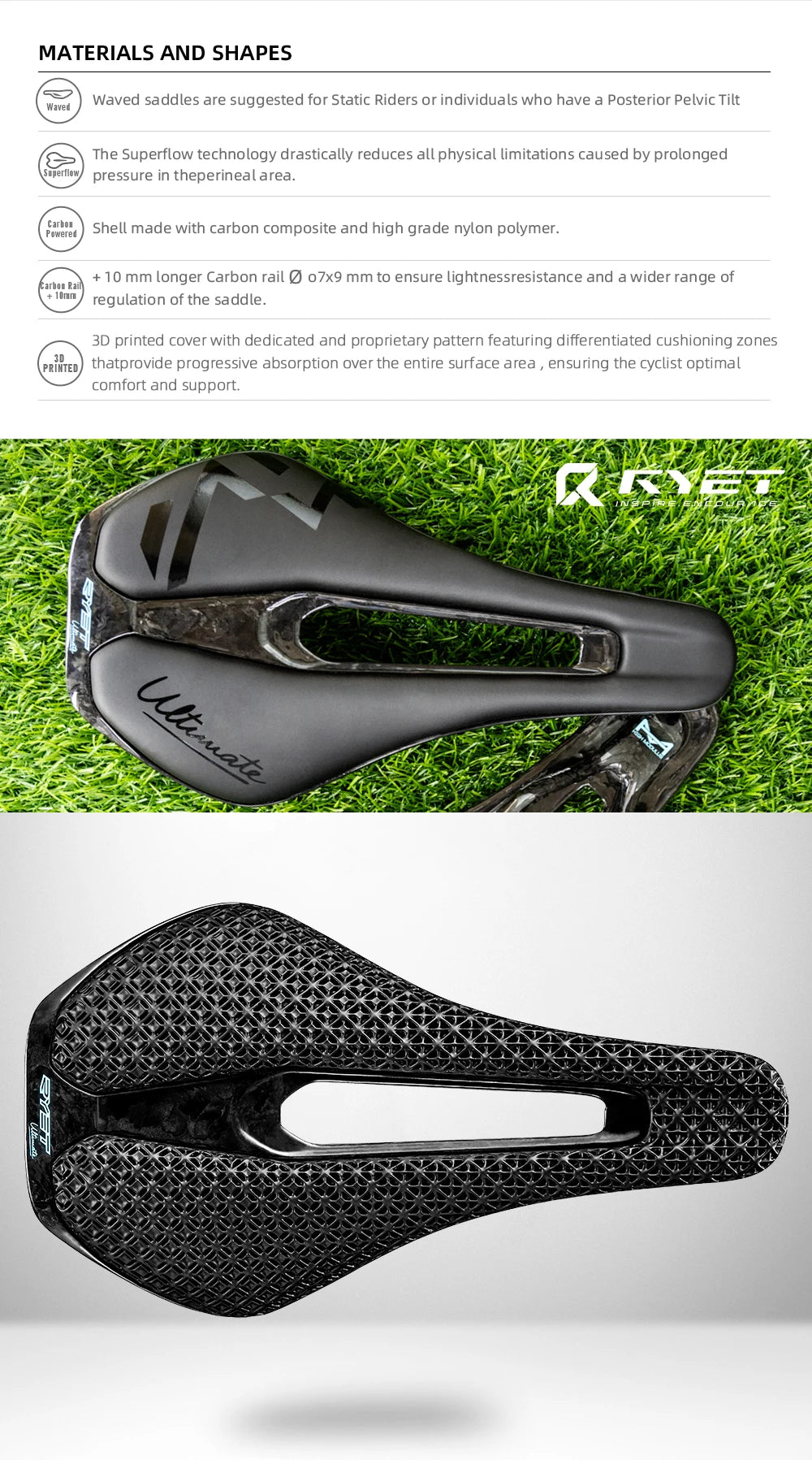 RYET 3D Printed Bicycle Saddle Ultralight Carbon Saddle 135/143mm 105g Bike Saddle for MTB Gravel Road Bike Seat Cycling Parts