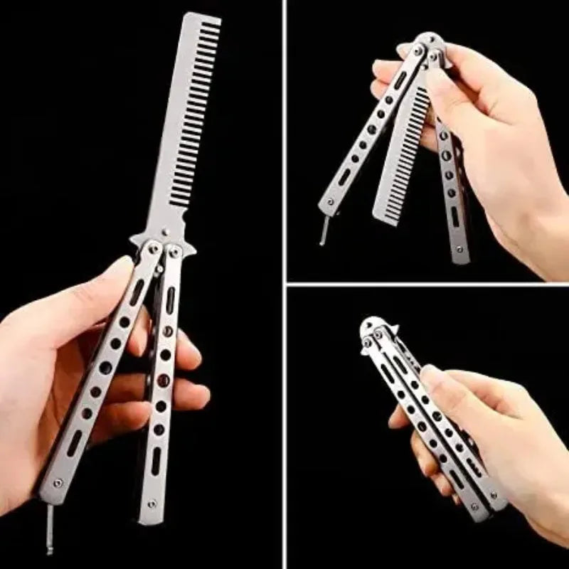 Foldable Comb Stainless Steel Practice Training Butterfly Knife Comb Beard Moustache Brushe Salon Hairdressing Styling Tool