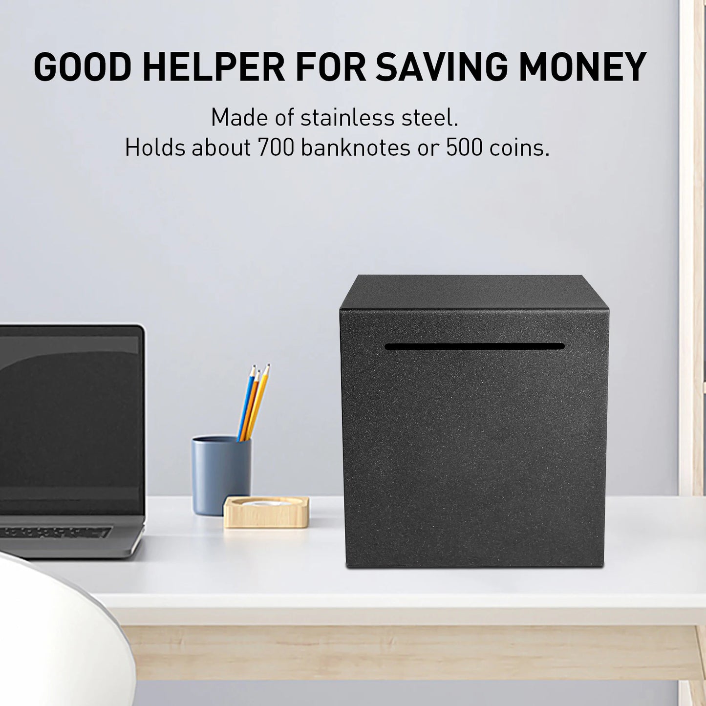 Black metal piggy bank, only in, no out, two sizes available for Christmas and Halloween gift