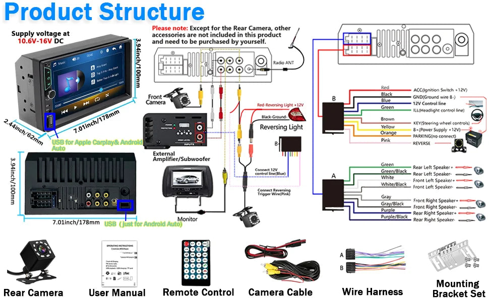 7 Inch HD Touch Screen Car Radio 2 Din High Quality Car Video Player Wireless CarPlay Android Auto with Bluetooth Rear Camera