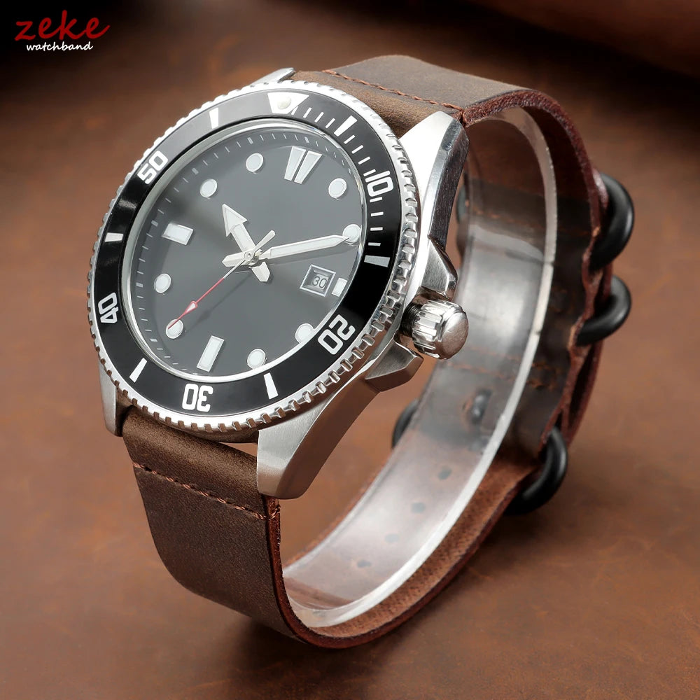 20mm 22mm Crazy Horse Leather Watch Band Black Ring Buckle Strap for Samsung Galaxy Watch 7/6/5/4 for Huawei Watch GT 5-4-3-pro