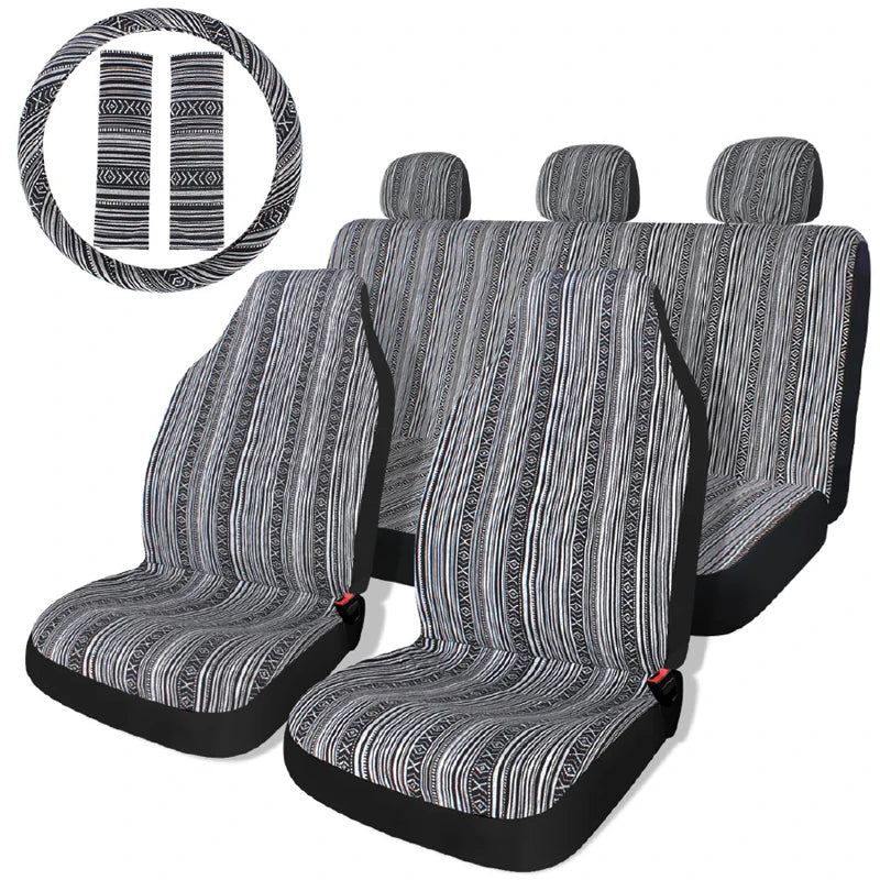 5mm Universal Size Flax Striped Car Seat Covers with Seat Belt Pads Steering Wheel Cover Full Set Fit For Most Car SUV Van Truck