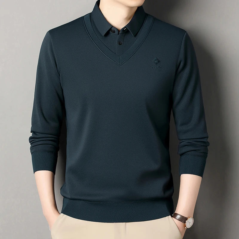 Men's Winter Sweater Velvet Pullover Solid Color Slim Fit Elegant Luxury Brand Knitwear Fake Two Pieces Knitted Sweaters
