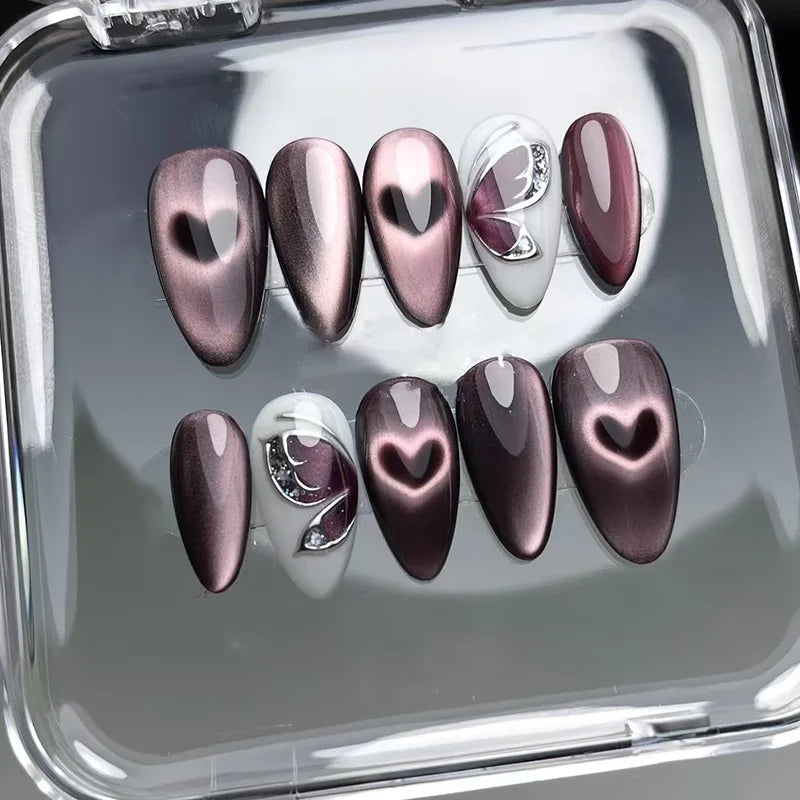 24pcs Black Cat's Eye Press on Nails Finished Ins Wearable False Nail Sets Love Design Stick on Nails Stilettos Fake Nail Tips