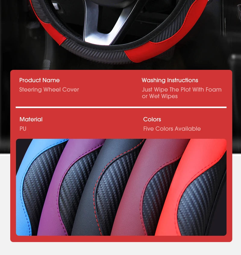 Car accessories Carbon Fiber PU Leather Steering Wheel Cover for Hyundai I10 Peugeot 2008 Dacia Sandero Stepway