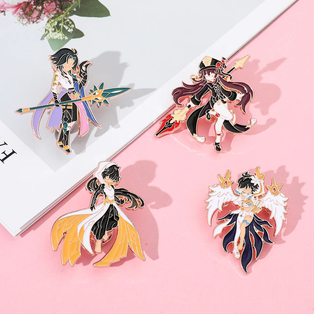 4 Pcs Genshin Impact Series Brooch Creative Walnut Mandrilla Enamel Pin Metal Paint Badge Backpack Clothing Accessories Wallet