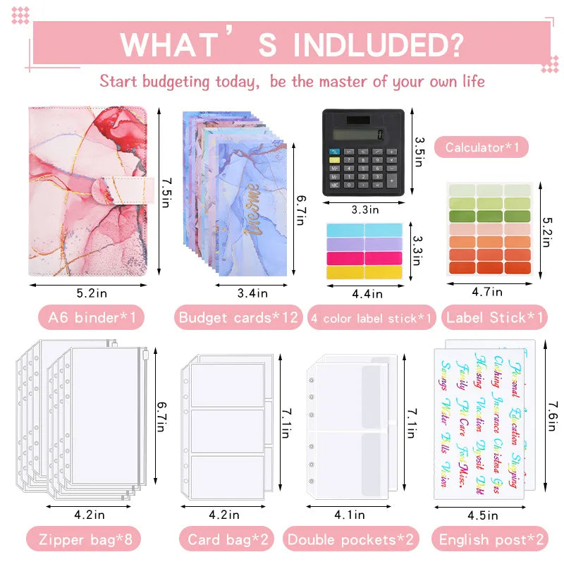 A6 Marble with Calculator Money Budget Planner Binder Zipper EnvelopesCash Envelopes For Budgeting Money Organizer Binde