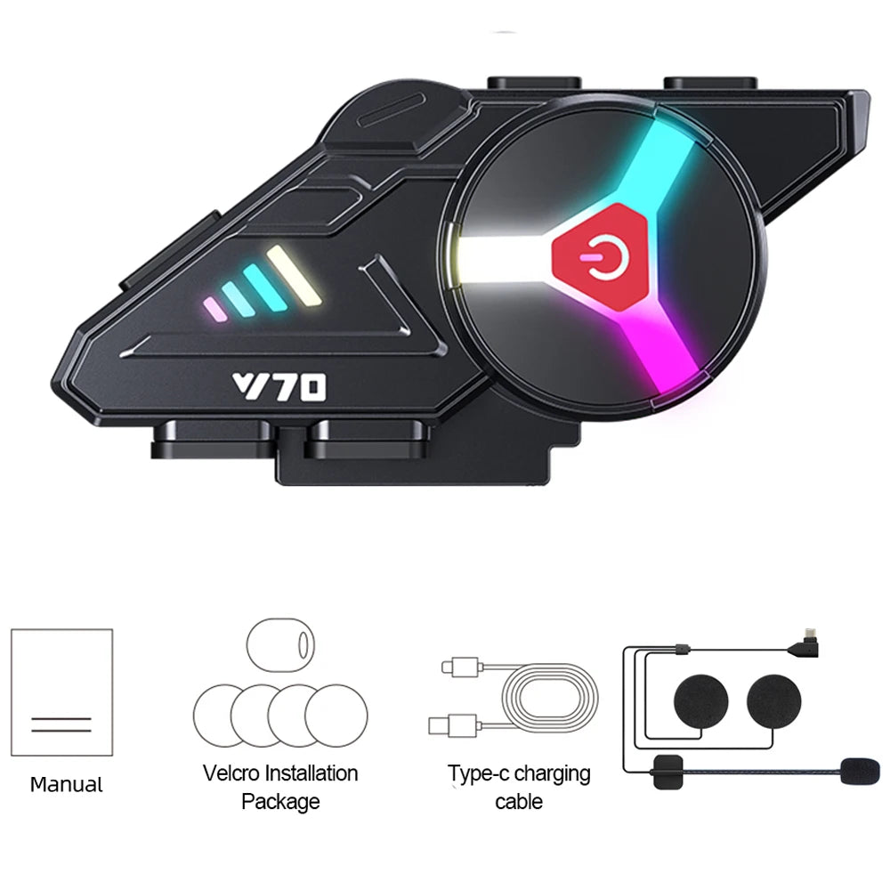 Y70 Motorcycle Bluetooth Helmet Headset V5.3 RGB Colorful Lights Earphone IPX6 Waterproof Support Connecting 2 Phones Same Time