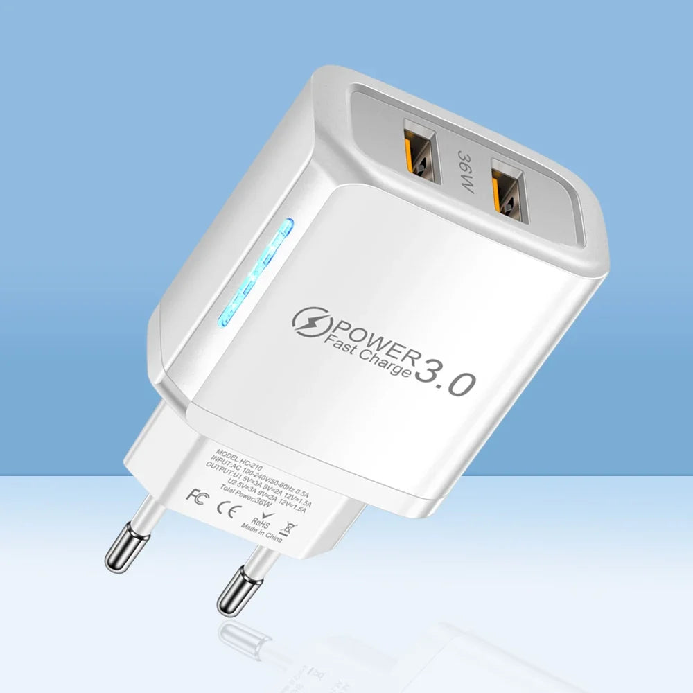 36W USB Mobile Phone Charger Quick Charge 3.0 Fast Charging Adapter For iPhone 16 15 pro Max Xiaomi 14 Samsung Huawei Chargers