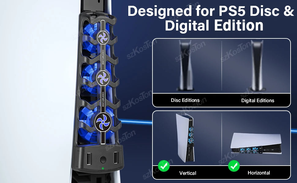 RGB Cooling Fan for PS5 Efficient Cooling System 3-Speed Quiet Cooler Fans for PS5 Console Accessories Disc and Digital Edition