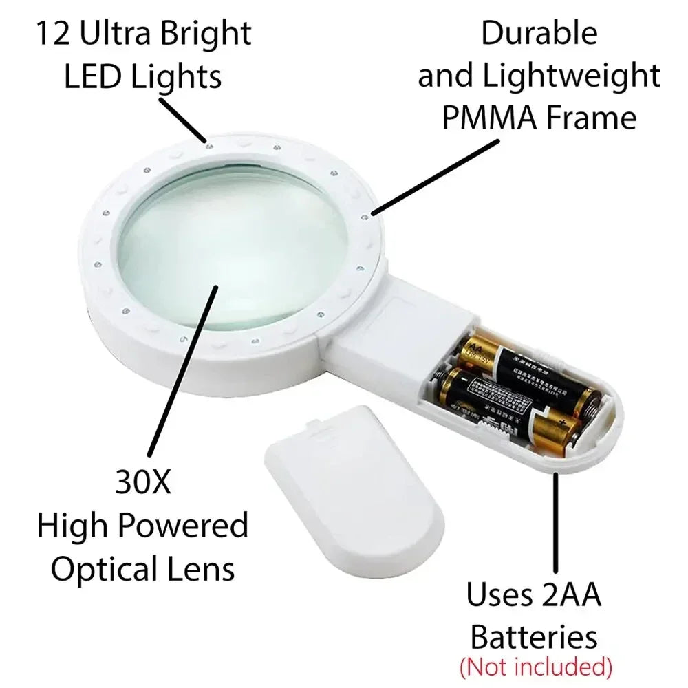 30X Handheld Illuminated Magnifying Glass with 12 LED Lights Reading Magnifier for Seniors Coins Insect Inspection Jewelry Loupe